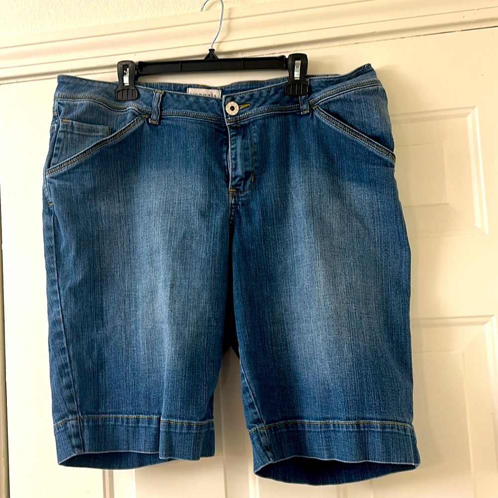 EUC Denim Shorts Plus 20 w/Adorable Boho Flower Pattern on Pockets Medium Wash